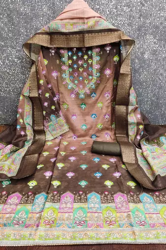 brown printed cotton butti unstitched dress material 