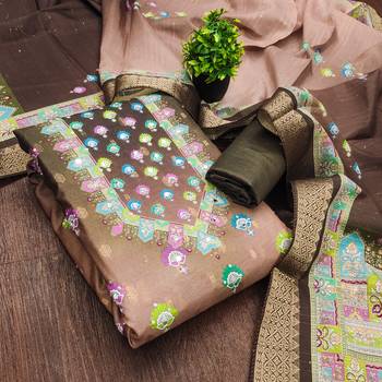brown printed cotton butti unstitched dress material  3