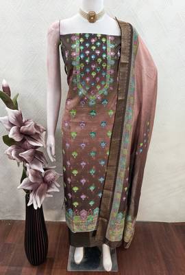 brown printed cotton butti unstitched dress material  4