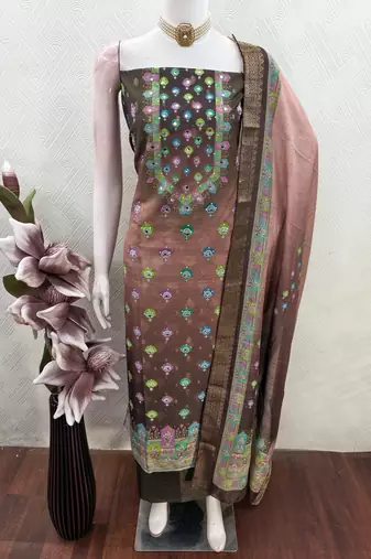 brown printed cotton butti unstitched dress material 