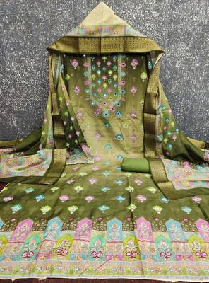 green printed cotton butti unstitched dress material  2