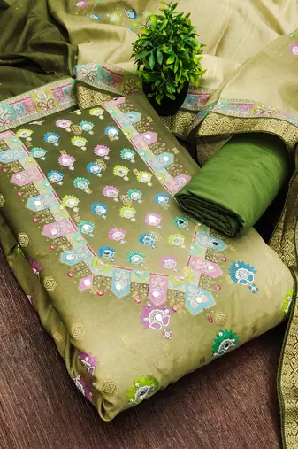 green printed cotton butti unstitched dress material 