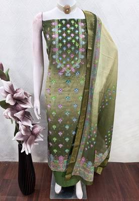 green printed cotton butti unstitched dress material  4