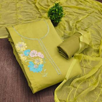 green embroidered roman silk unstitched dress material  1