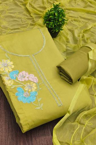 green embroidered roman silk unstitched dress material 