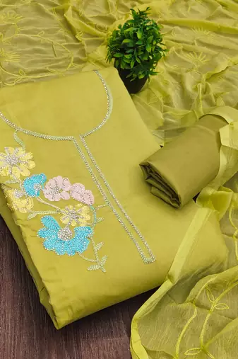 green embroidered roman silk unstitched dress material 