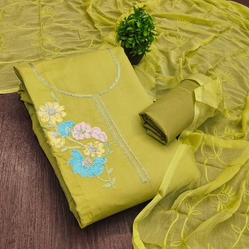 green embroidered roman silk unstitched dress material 