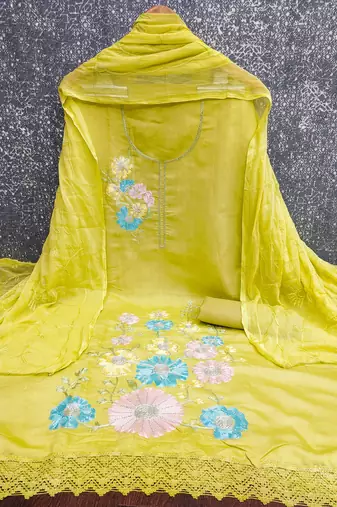 green embroidered roman silk unstitched dress material 