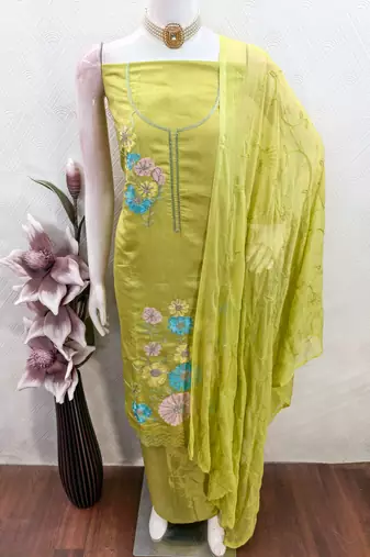 green embroidered roman silk unstitched dress material 