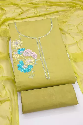 green embroidered roman silk unstitched dress material 