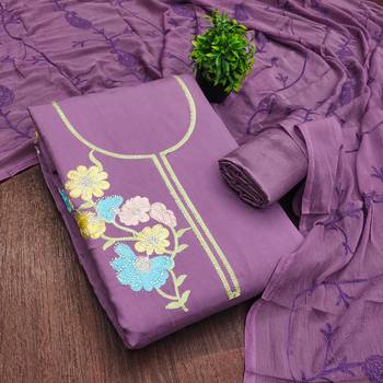 lavender embroidered roman silk unstitched dress material  1