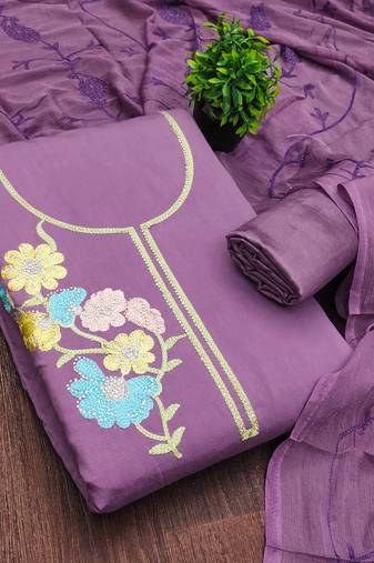 lavender embroidered roman silk unstitched dress material 