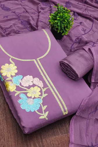 lavender embroidered roman silk unstitched dress material 