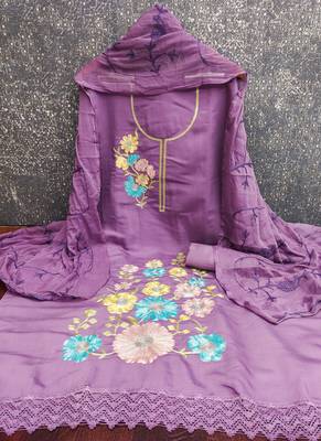lavender embroidered roman silk unstitched dress material  2