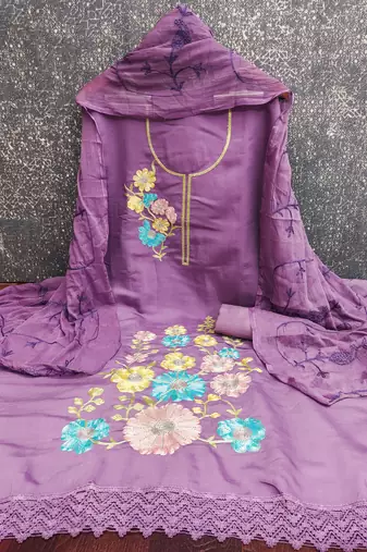 lavender embroidered roman silk unstitched dress material 