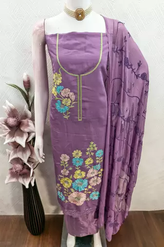 lavender embroidered roman silk unstitched dress material 