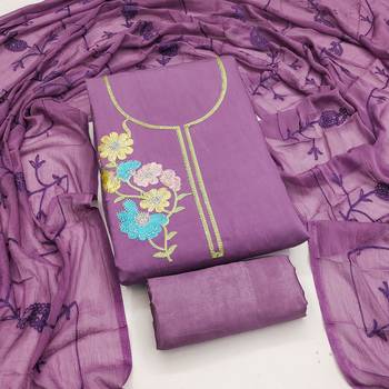 lavender embroidered roman silk unstitched dress material  4