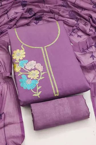lavender embroidered roman silk unstitched dress material 