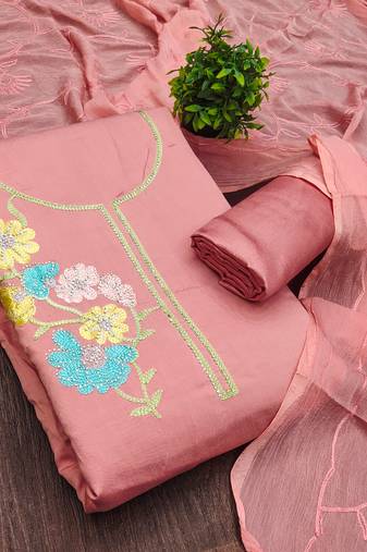 pink embroidered roman silk unstitched dress material 