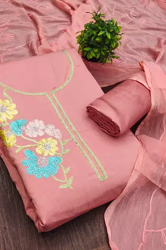 pink embroidered roman silk unstitched dress material 