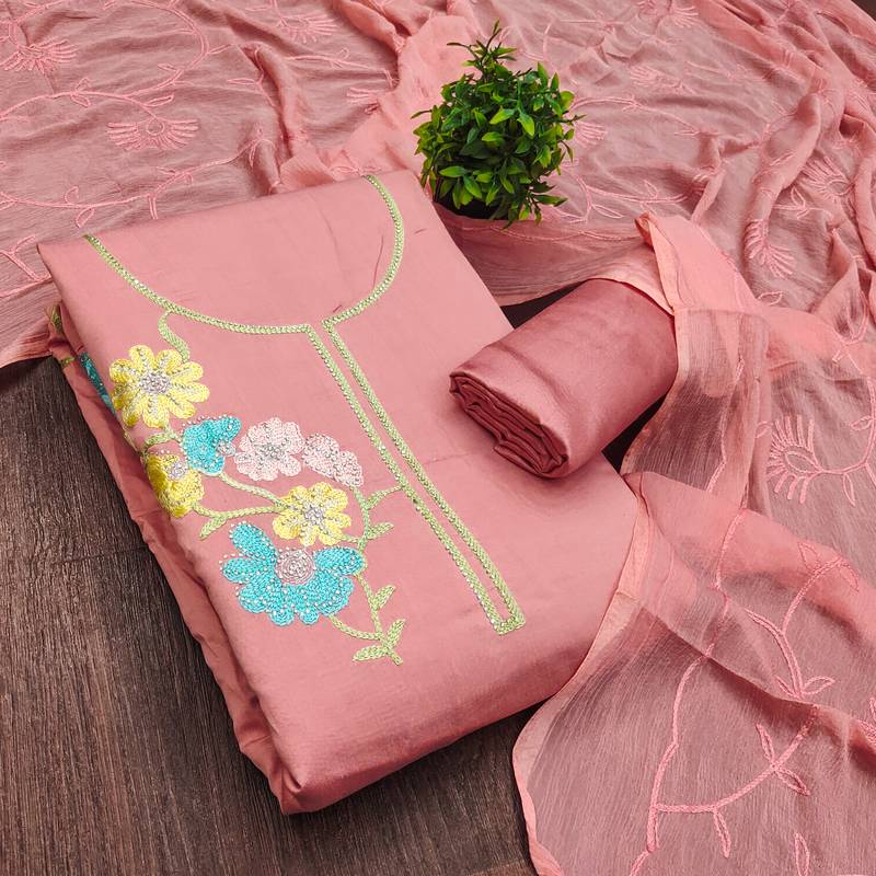pink embroidered roman silk unstitched dress material 