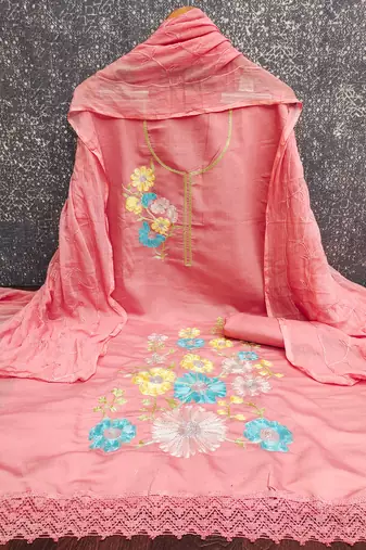 pink embroidered roman silk unstitched dress material 