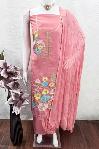 pink embroidered roman silk unstitched dress material 