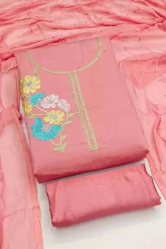 pink embroidered roman silk unstitched dress material 