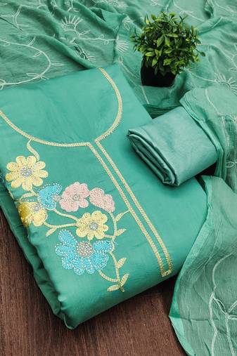 sea green embroidered roman silk unstitched dress material 