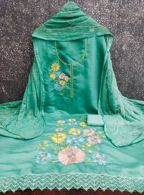 sea green embroidered roman silk unstitched dress material  2