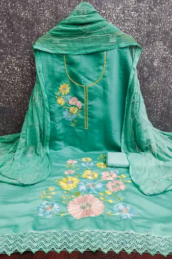 sea green embroidered roman silk unstitched dress material 