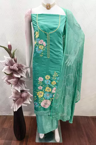 sea green embroidered roman silk unstitched dress material 