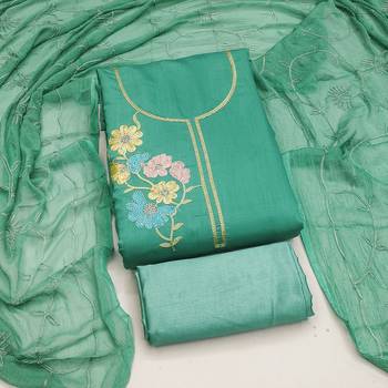 sea green embroidered roman silk unstitched dress material  4