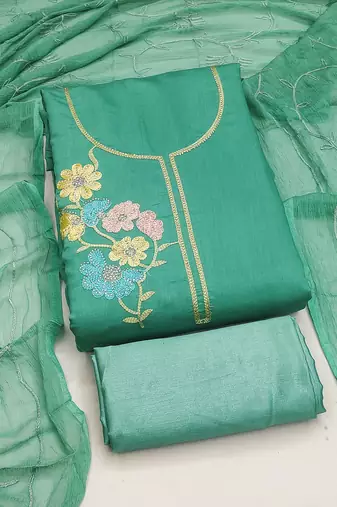 sea green embroidered roman silk unstitched dress material 
