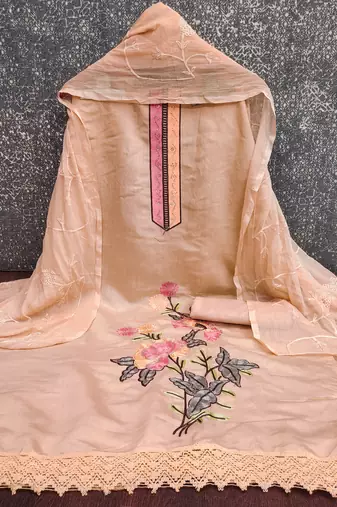peach embroidered roman silk unstitched dress material 