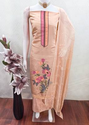 peach embroidered roman silk unstitched dress material  3
