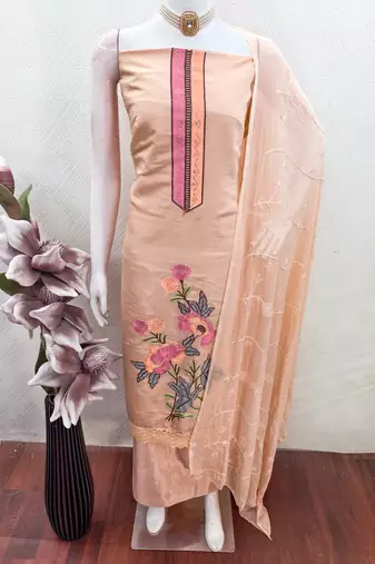 peach embroidered roman silk unstitched dress material 