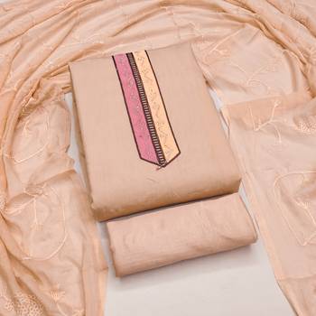 peach embroidered roman silk unstitched dress material  4