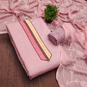 pink embroidered roman silk unstitched dress material  1