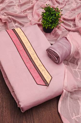 pink embroidered roman silk unstitched dress material 