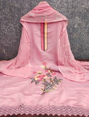pink embroidered roman silk unstitched dress material  2