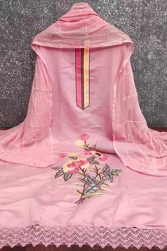 pink embroidered roman silk unstitched dress material 