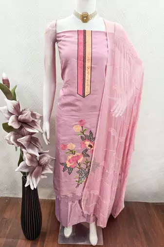 pink embroidered roman silk unstitched dress material 