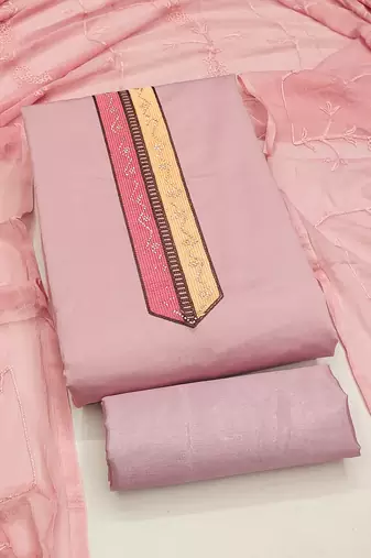 pink embroidered roman silk unstitched dress material 