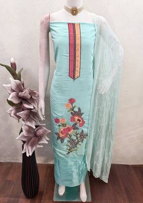 sea green embroidered roman silk unstitched dress material  2