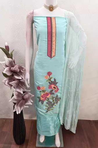 sea green embroidered roman silk unstitched dress material 