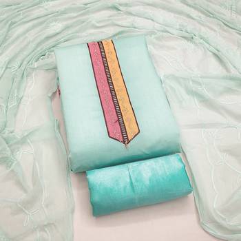 sea green embroidered roman silk unstitched dress material  3