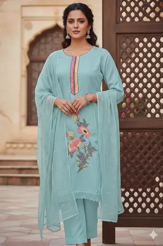 sea green embroidered roman silk unstitched dress material 