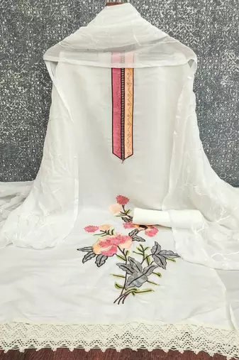white embroidered roman silk unstitched dress material 