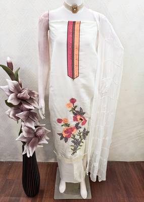 white embroidered roman silk unstitched dress material  3